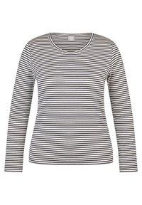 Gestreiftes langärmliges Shirt mit Rundhalsausschnitt. Verfügt über abwechselnd marineblaue und weiße horizontale Streifen. Hergestellt aus weichem, dehnbarem Material.