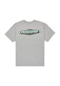 Gray cotton t-shirt featuring a large, multicolored Quiksilver logo on the back with a rounded neckline and short sleeves.
