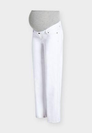 Witte zwangerschapsjeans met een grijze, rekbare buikband voor extra draagcomfort tijdens de zwangerschap.