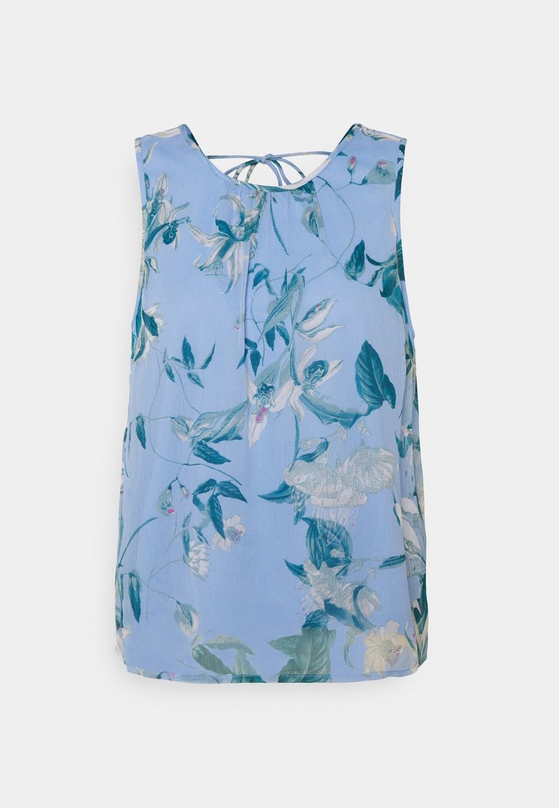 Débardeur floral en tissu bleu clair, avec un col rond, sans manches, et un détail de lien à l'arrière. Motifs de feuilles et de fleurs partout.