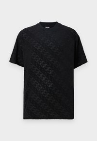Tricou negru cu mânecă scurtă, având o suprafață texturată, cu un design geometric, guler rotund și o croială lejeră.