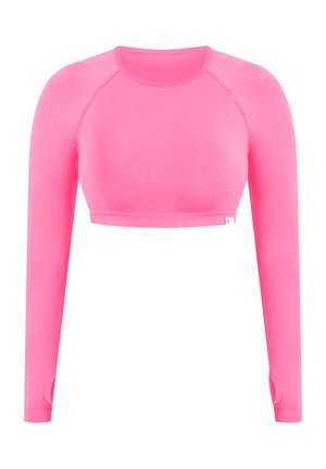 Top atletico a maniche lunghe tagliato di colore rosa brillante, con fori per il pollice e orlo a coste, progettato per una vestibilità aderente.