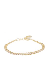 Guldkedjebracelet med en rad av klara rhinestones, med en delikat design och en kattklör för justerbar längd.