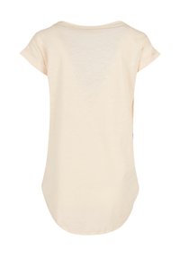 Back view of a plain beige short-sleeve T-shirt with a round neckline and rolled sleeve cuffs.