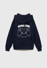Felpa con cappuccio blu navy con grafica di un controller di gioco e il testo "GAMER ZONE" e "CONNECTED TO THE WORLD" in bianco.