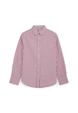 Camicia a maniche lunghe con bottoni, a righe verticali rosa e bianche, e colletto classico, su sfondo bianco.