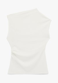 Top blanco asimétrico sin mangas con un solo hombro y un ligero detalle de fruncido lateral en el lado izquierdo.