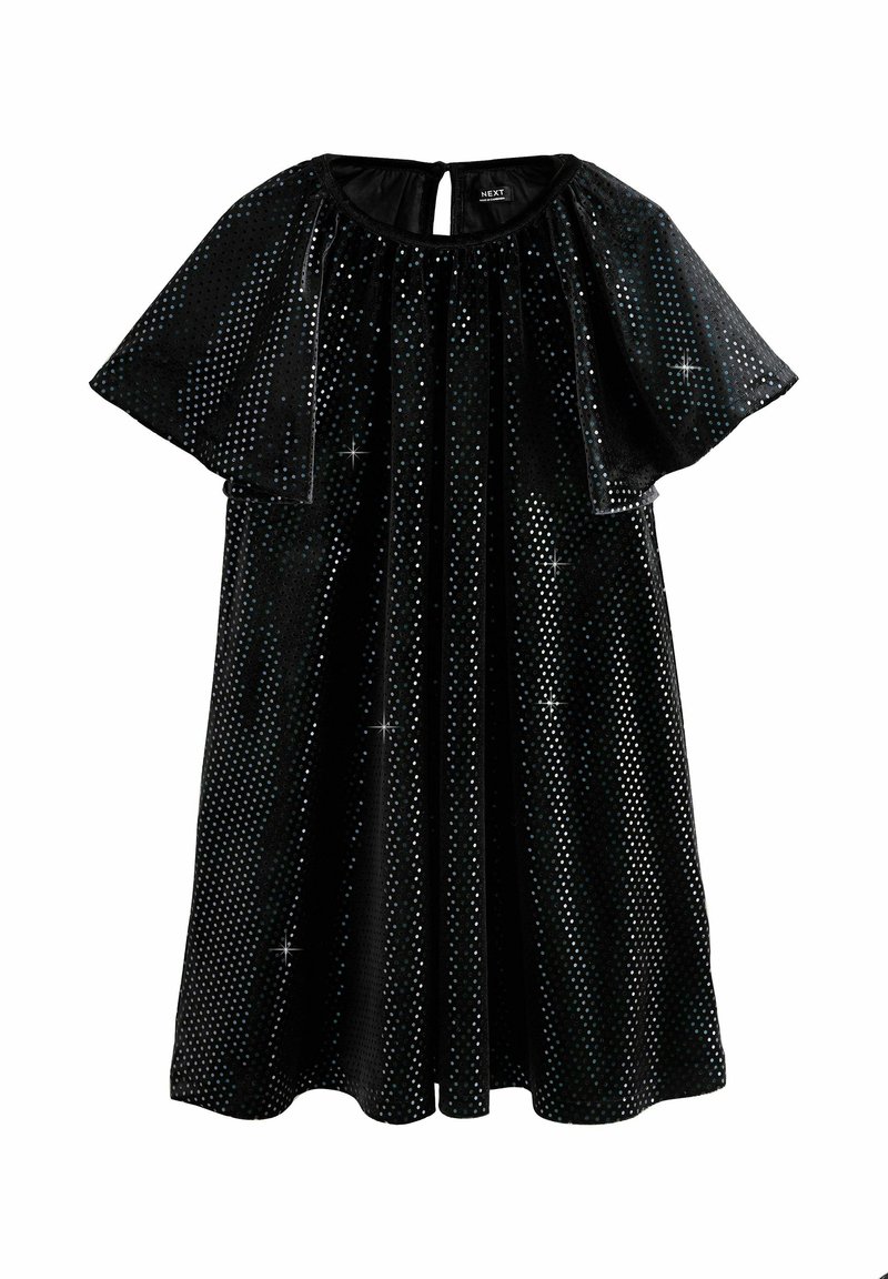 Robe en velours noir avec des manches flottantes, recouverte de pois argentés réfléchissants créant un effet scintillant.