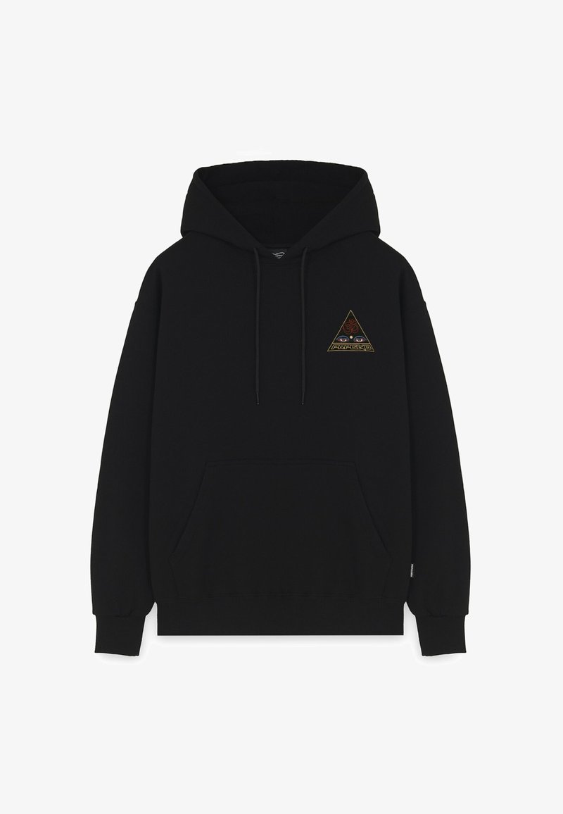 Felpa nera con tasca anteriore e cordini, presenta un piccolo simbolo triangolare con occhi e testo sulla parte sinistra del petto.