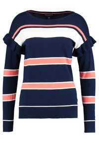 Mörkblå tröja med långa ärmar, som har horisontella ränder i rosa, korall och vitt. Volangdetalj på axlarna. Stickad textur.