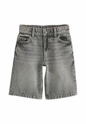 Grå denimshorts med frontknap og bæltestropper, med to forlommer og løs pasform.