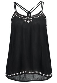 Haut sans manches noir avec de fines bretelles, présentant un tissu texturé et une broderie florale blanche le long de l'ourlet et de l'encolure.
