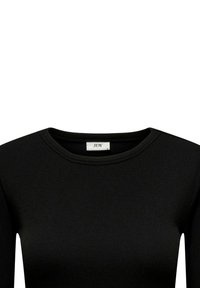 Haut noir à manches longues côtelé avec un col rond et une petite étiquette blanche à l’intérieur de l’encolure indiquant "JDY" et la taille "S".