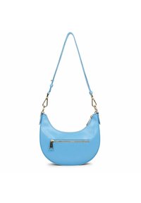 Borsa a spalla in pelle azzurro chiaro con una forma curva, dotata di una tasca con zip sulla parte frontale e una superficie liscia.