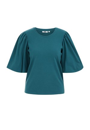 Tirkīzzila īsām piedurknēm blūze ar platiem uzpampušiem piedurknēm un apaļu kakla izgriezumu.