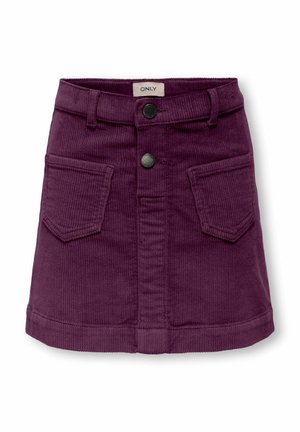 Lila Minirock aus Cord mit aufgesetzten Fronttaschen, zwei schwarzen Knöpfen, Gürtelschlaufen und umgeschlagenem Saum.