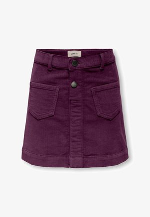 Purple corduroy mini skirt with front patch pockets, two black buttons, belt loops, and a folded hem.