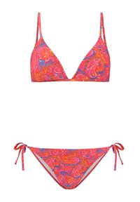 Rozā un oranža paisley raksta bikini komplekts, kurā ietilpst trīsstūrveida augšdaļa ar plānām siksnām un apakšdaļa ar sānu sasaistes aizdares.