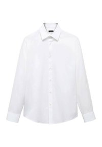 Weißes Langarmhemd aus glattem Stoff. Verfügt über einen klassischen Kragen, durchgehende Knopfleiste und geknöpfte Manschetten. Ohne Muster oder Verzierungen.