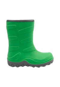 Botte de pluie en caoutchouc verte avec des rainures texturées sur les côtés, un bout rond et une semelle grise à motifs pour l'adhérence. Fini lisse avec un bord court.