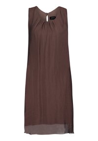 Ärmlös brun klänning med nyckelhål bak, tillverkad av lätt tyg, med mjuka veck och en något genomskinlig nederkant.