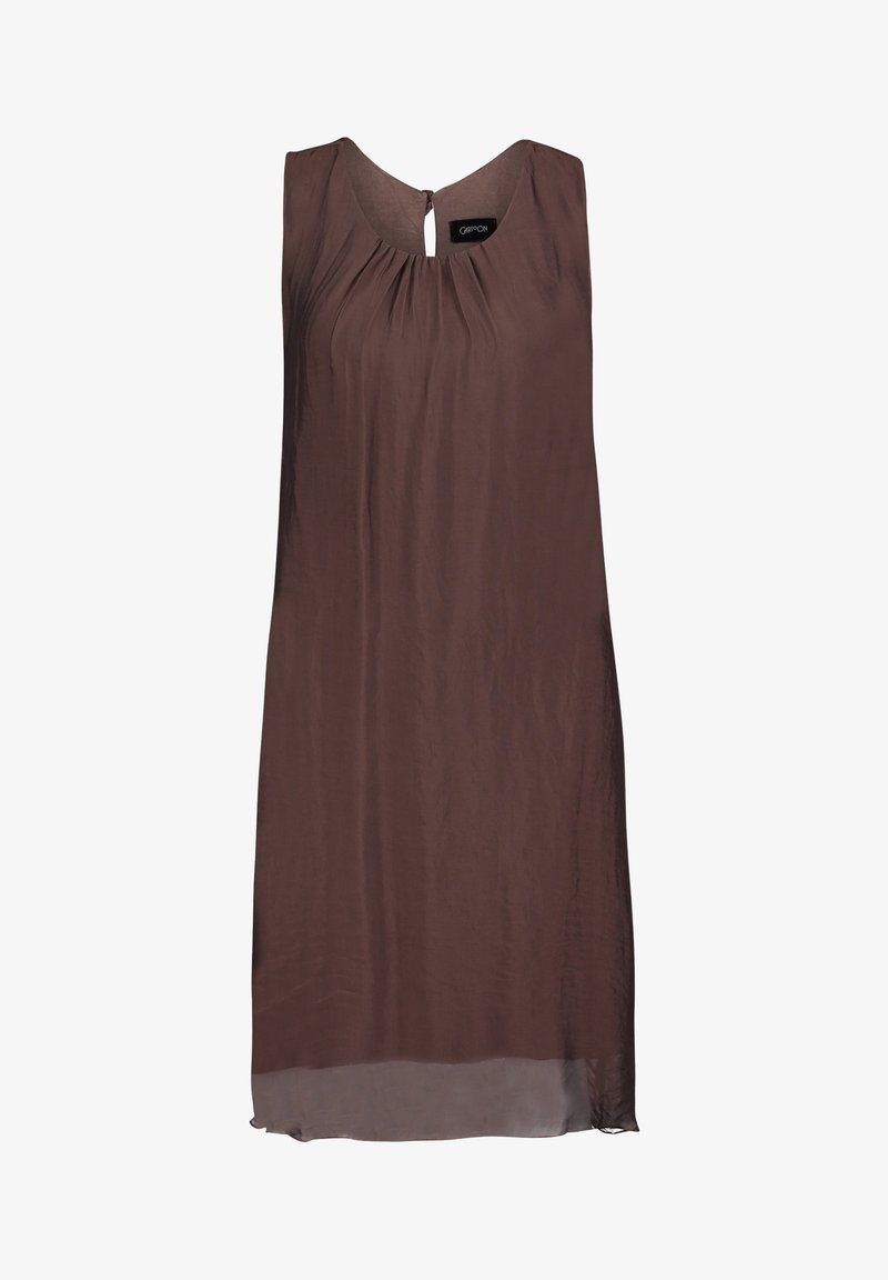 Robe sans manches marron avec un dos à ouverture en forme de clef, fabriquée en tissu léger, présentant un drapé doux et un ourlet légèrement transparent.