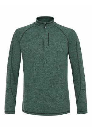 Suéter verde de manga larga con cuello alto, cierre de media cremallera y costuras en contraste. Tejido suave y texturizado con un patrón jaspeado.