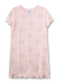 Rosa Baumwollnachthemd mit kurzen Ärmeln, das ein wiederholtes Muster von Feen und Blumen in hellgelben und rosa Tönen zeigt. Saum mit gekerbtem Rand.