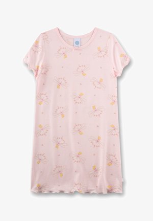 Pink cotton nightdress with short sleeves, featuring a repeated pattern of fairies and flowers in light yellow and pink tones. Scalloped hem.