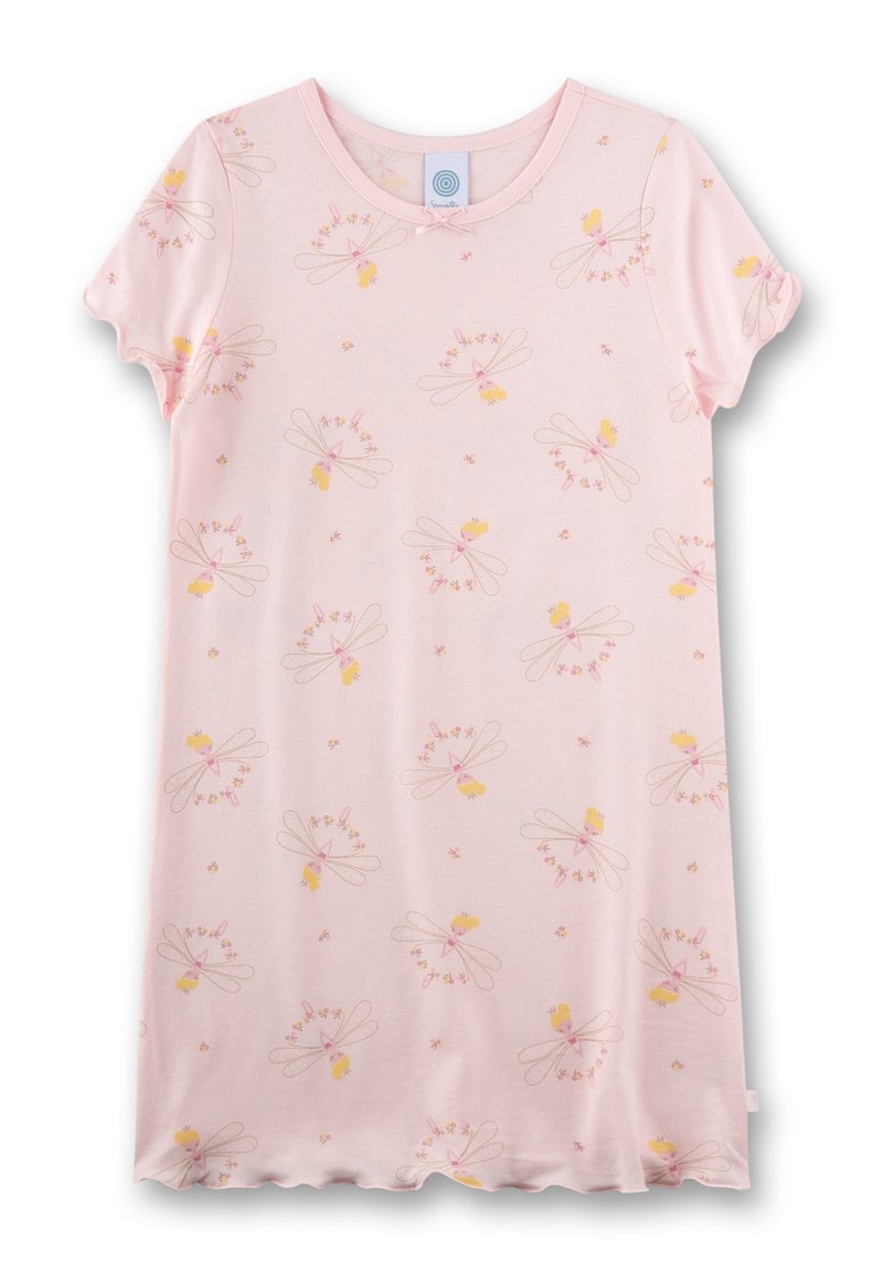 Rosa Baumwollnachthemd mit kurzen Ärmeln, das ein wiederholtes Muster von Feen und Blumen in hellgelben und rosa Tönen zeigt. Saum mit gekerbtem Rand.