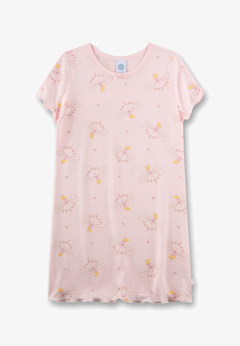 Rosa Baumwollnachthemd mit kurzen Ärmeln, das ein wiederholtes Muster von Feen und Blumen in hellgelben und rosa Tönen zeigt. Saum mit gekerbtem Rand.