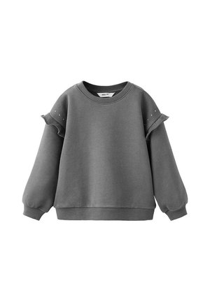 Sweat-shirt gris foncé à manches longues avec col rond, détail volanté et petits points décoratifs sur le haut des manches.