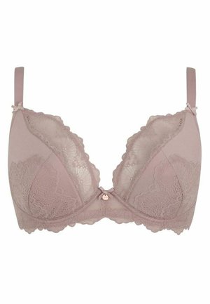 Lyserød mauve bh med blonder, glatte stofkopper, underwire støtte og justerbare stropper. Har en lille dekorativ sløjfe i midten.