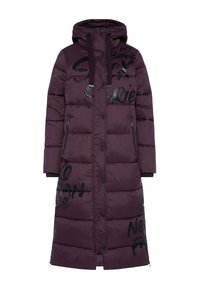 Long puffer coat in dark purple, featuring black graphic text, a hood, side pockets, and a zippered opening at the bottom.