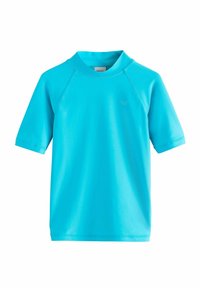 Turkos kortärmad rashguard med rund hals, tillverkad av lätt, stretchigt tyg. Har en liten logotyp framtill.