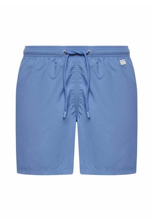 Bañador corto de color azul claro con cintura elástica, cordón trenzado ajustable en la parte delantera y pequeño parche con logo blanco en el lado derecho.