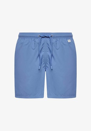 Bañador corto de color azul claro con cintura elástica, cordón trenzado ajustable en la parte delantera y pequeño parche con logo blanco en el lado derecho.