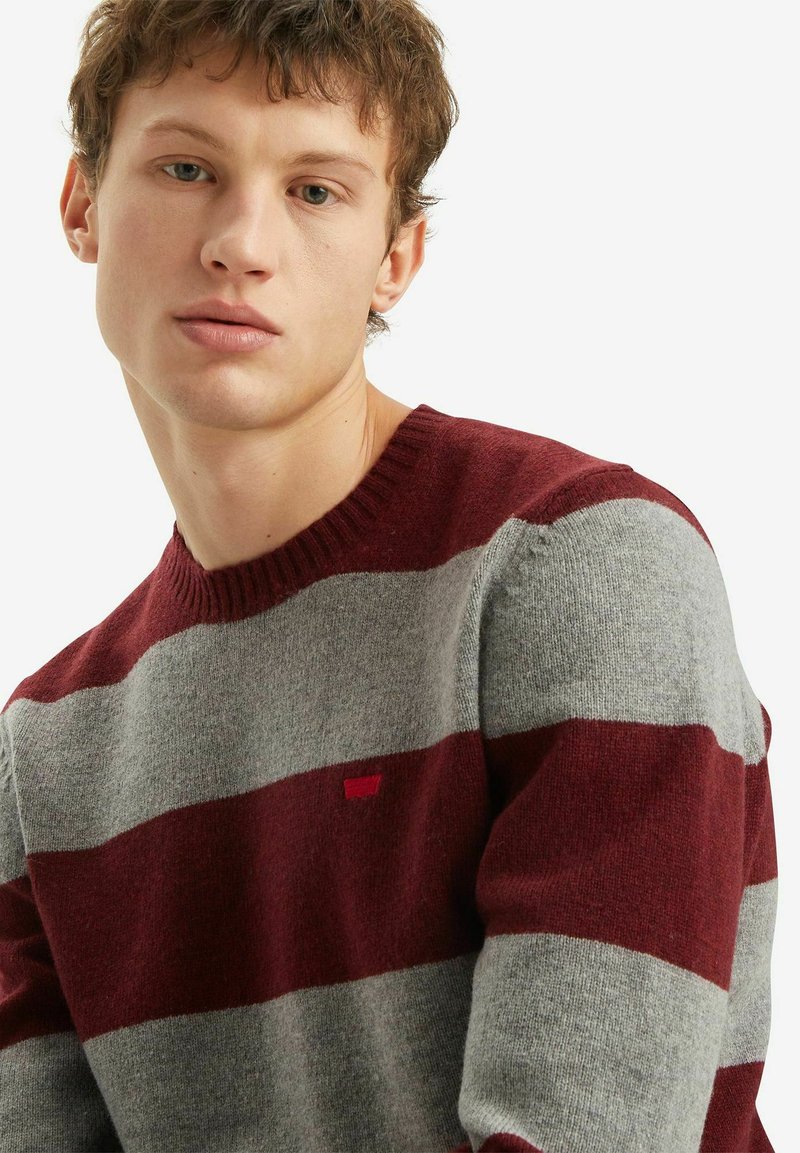 Maglione a righe bordeaux e grigio con collo rotondo, texture lavorata a maglia e piccolo logo rosso sul petto. Tessuto morbido.