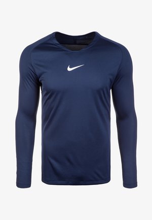 Navyblaues, langärmliges Sportshirt aus leichtem Stoff mit Rundhalsausschnitt und weißem Nike-Logo auf der Brust.