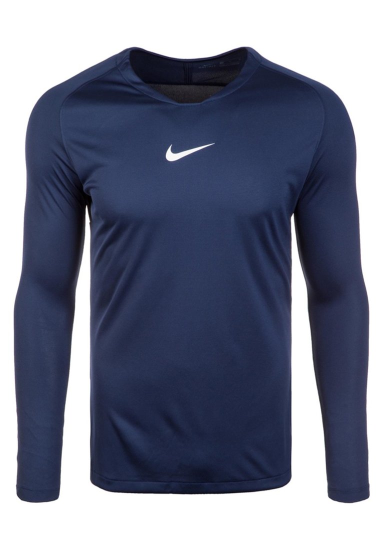 Maglietta sportiva a maniche lunghe di colore blu navy realizzata in tessuto leggero, con scollatura a girocollo e logo Nike bianco sul petto.