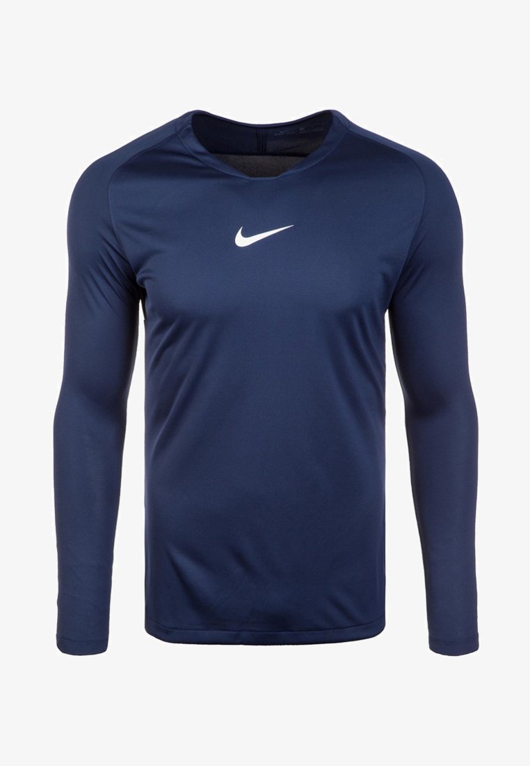 Maglietta sportiva a maniche lunghe di colore blu navy realizzata in tessuto leggero, con scollatura a girocollo e logo Nike bianco sul petto.