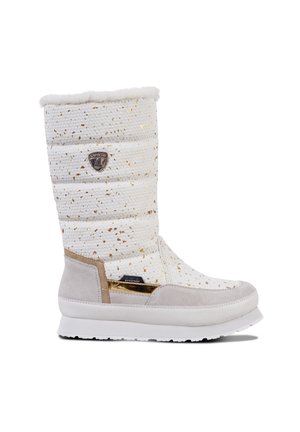 Botte imperméable blanche avec un dessus texturé featuring des éclats dorés, un col en fourrure et une accent en daim beige. Semelle en caoutchouc pour une bonne traction.