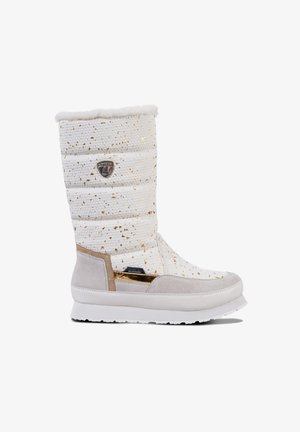 White waterproof boot with a textured upper featuring gold speckles, plush cuff, and a beige suede accent. Rubber sole for traction.