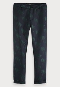 Granatowe spodnie slim-fit z zielonym wzorem palm, zapięcie na guzik, szlufki na pasek i mankiety.