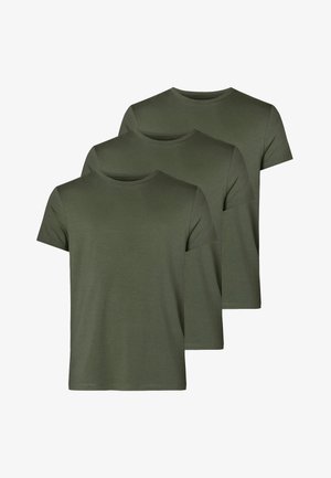Olive green cotton t-shirts, short sleeves, crew neck design. Three identical shirts arranged in a stacked formation. Smooth texture.