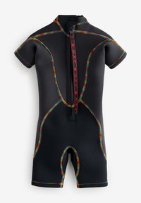 Short black short-sleeve wetsuit with multicolor stitching and a front zipper featuring a red pull tab with "NXT" and stars.
