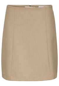 Beige kjol i ett mjukt tyg, med rak skärning, sidodragkedja och subtila sömnadsdetaljer för struktur.