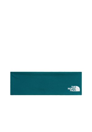 Türkisfarbenes rechteckiges Stoffstirnband mit weißem The North Face-Logo, das in einer Ecke aufgedruckt ist.