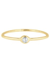 Bague en or avec un fin anneau et un seul diamant rond serti dans une monture circulaire. Texture lisse avec une finition polie, design minimaliste.