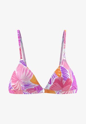 Haut de bikini triangulaire dans un mélange de rose, violet et orange avec un motif floral. Doté de fines bretelles ajustables et d'un fermoir au centre.